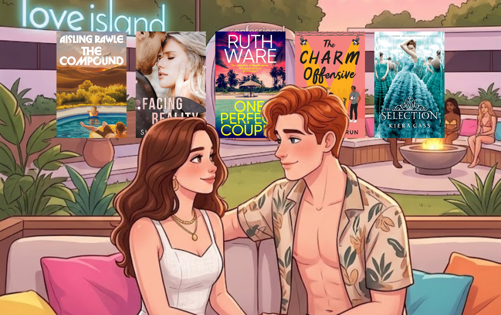 Illustrated Love Island couple on a villa terrace surrounded by book covers including The Selection and The Charm Offensive
