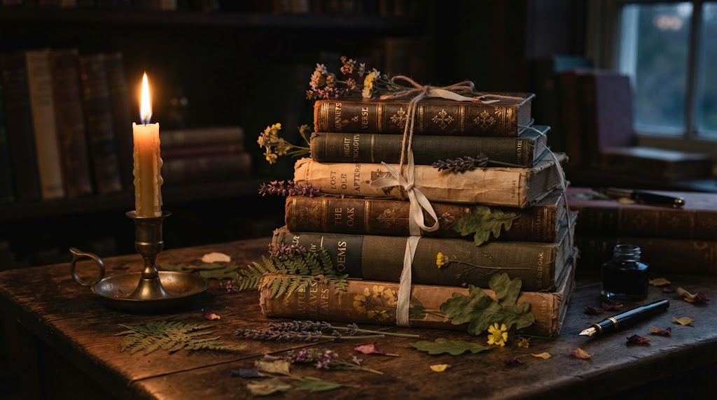 Candlelit stack of antique books tied with ribbon on a wooden desk, dark academia aesthetic