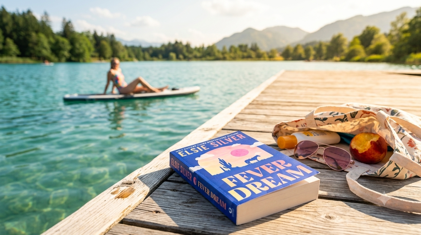 Fever Dream by Elsie Silver resting on a lake dock beside a beach bag, with a paddleboarder in the background