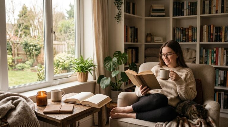 Woman sipping coffee while reading by a window in a cozy, plant-filled reading corner with a cat
