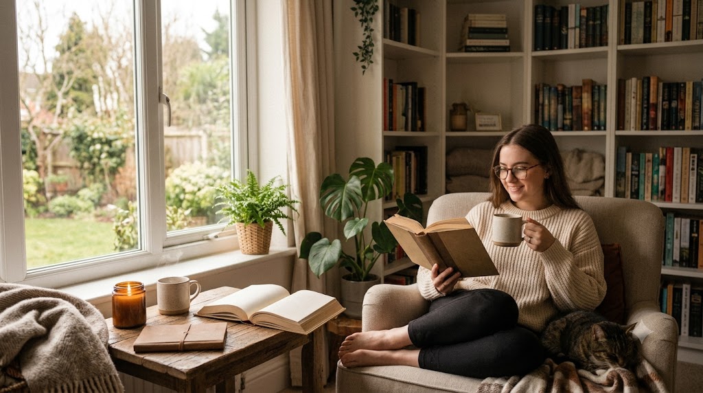 Woman sipping coffee while reading by a window in a cozy, plant-filled reading corner with a cat