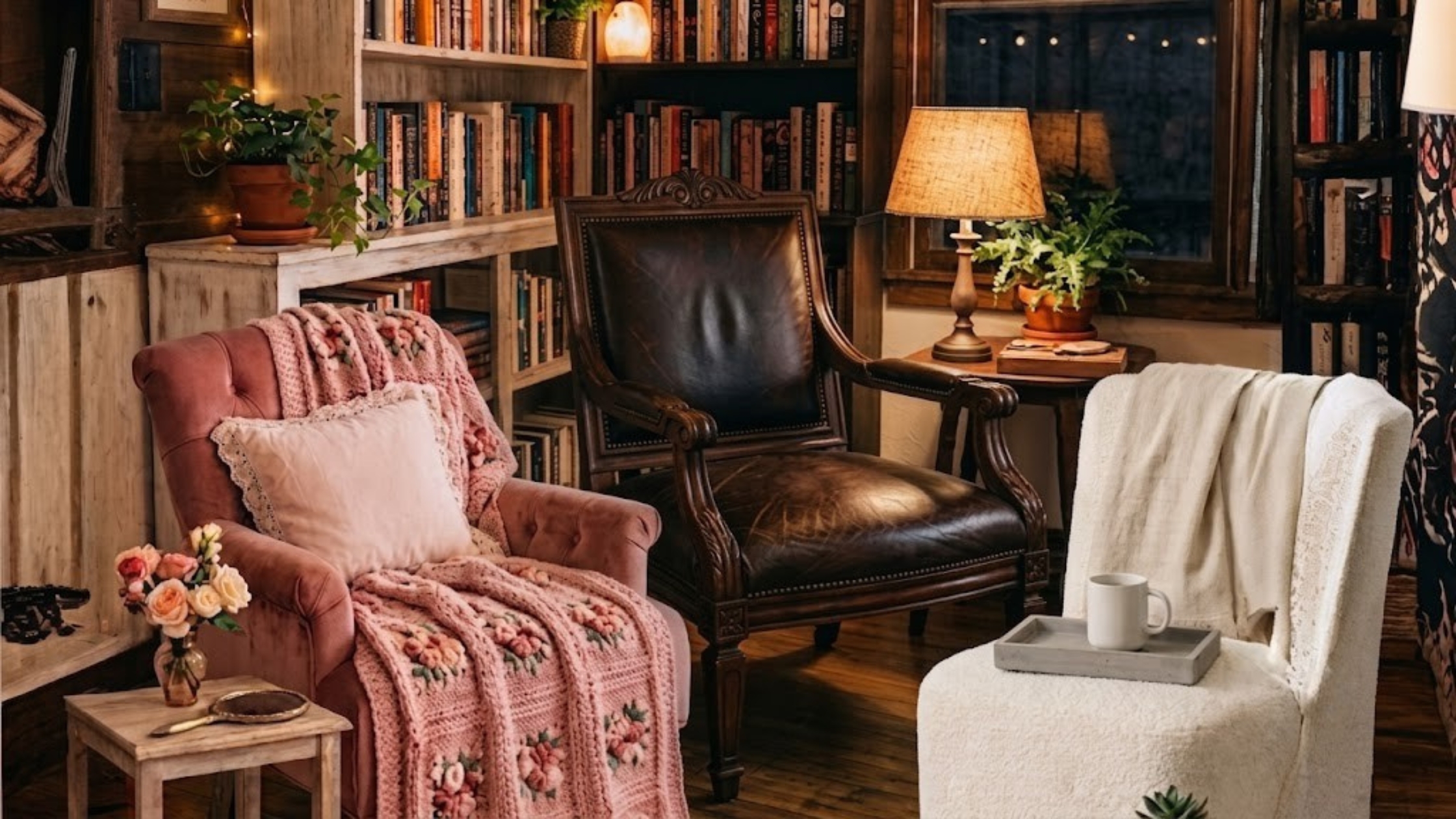 Cozy reading nook with a pink floral-blanket armchair, dark leather chair, and warmly lit bookshelf